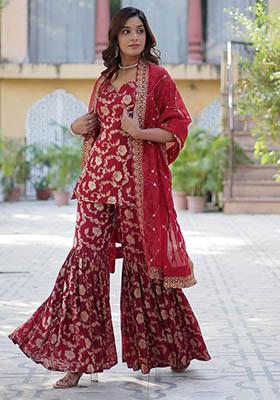 Maroon Zari Weaving Jacquard Kurta Set