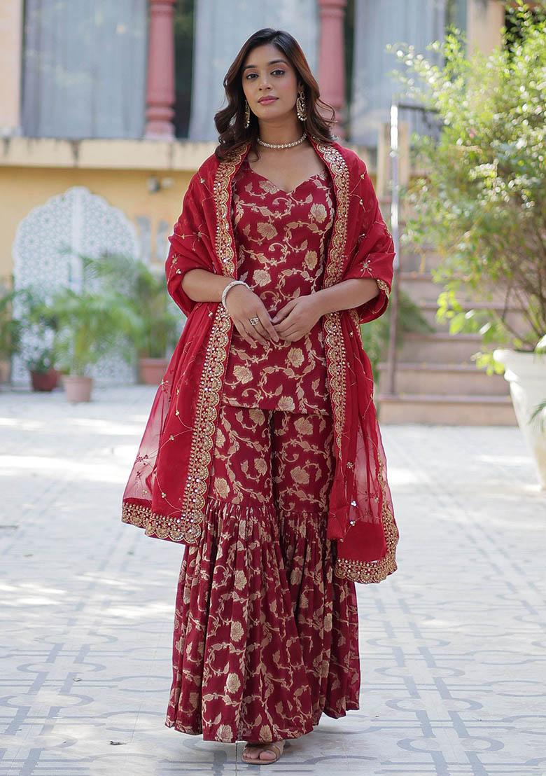 Maroon Zari Weaving Jacquard Kurta Set