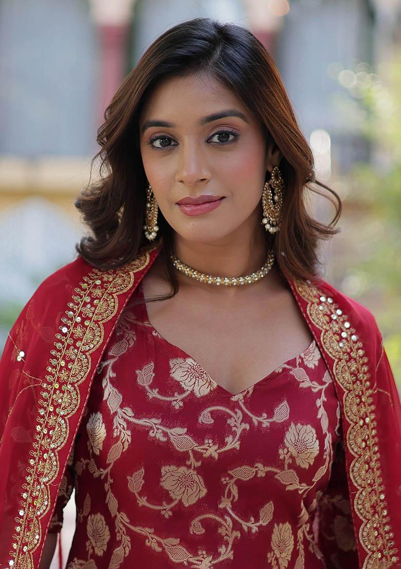 Maroon Zari Weaving Jacquard Kurta Set