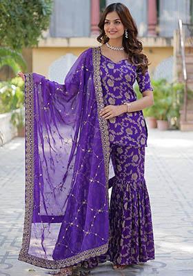 Purple Zari Weaving Jacquard Kurta Set