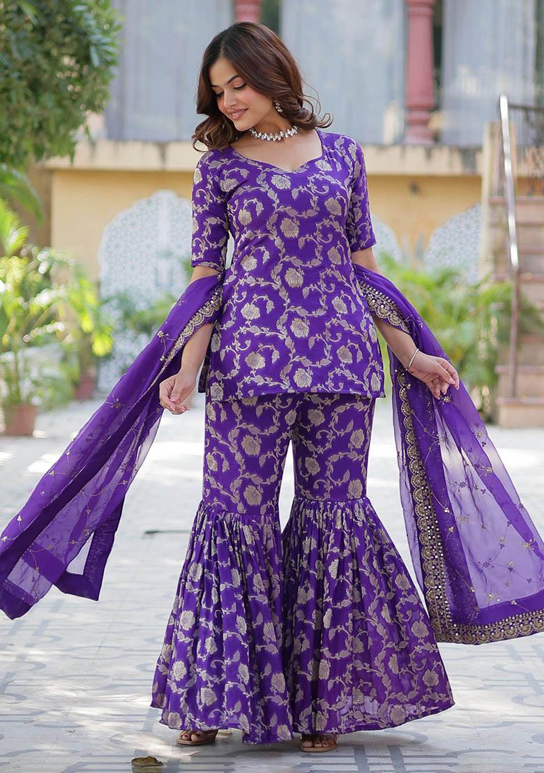 Purple Zari Weaving Jacquard Kurta Set