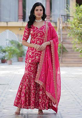 Pink Zari Weaving Jacquard Kurta Set