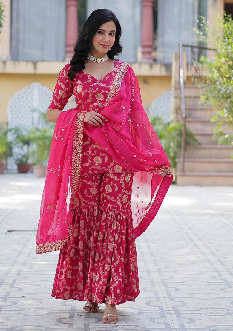 Pink Zari Weaving Jacquard Kurta Set