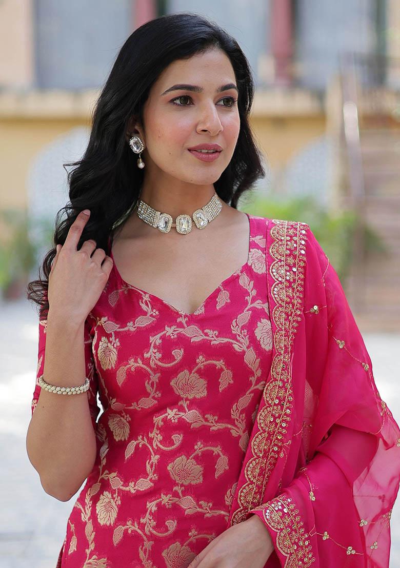 Pink Zari Weaving Jacquard Kurta Set