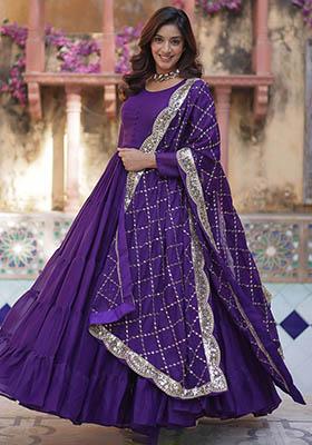 Purple Embroidered Georgette Anarkali Set