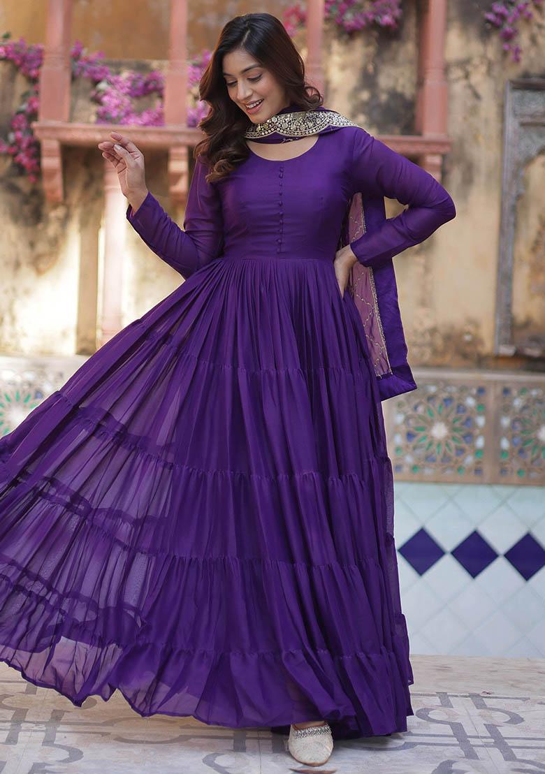 Purple Embroidered Georgette Anarkali Set