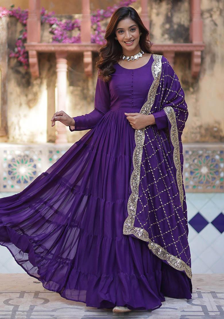 Purple Embroidered Georgette Anarkali Set