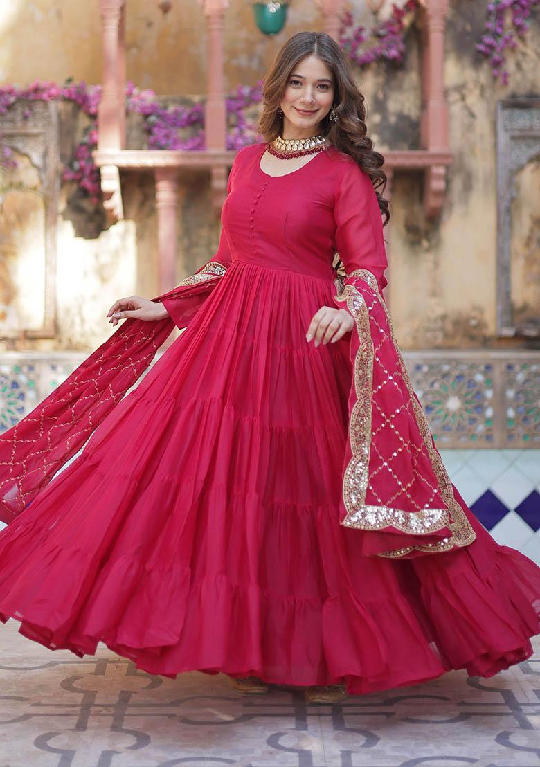 Pink Embroidered Georgette Anarkali Set