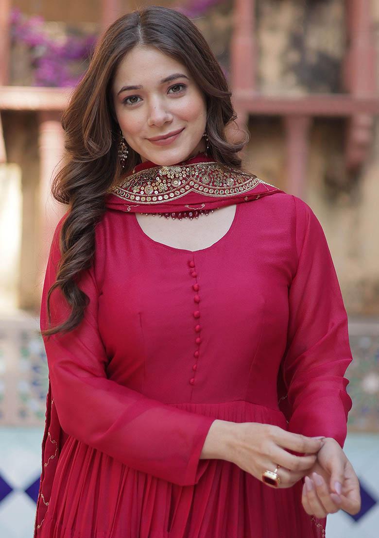 Pink Embroidered Georgette Anarkali Set