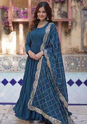 Blue Embroidered Georgette Anarkali Set
