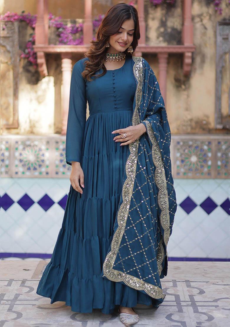 Blue Embroidered Georgette Anarkali Set