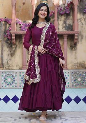 Purple Embroidered Georgette Anarkali Set