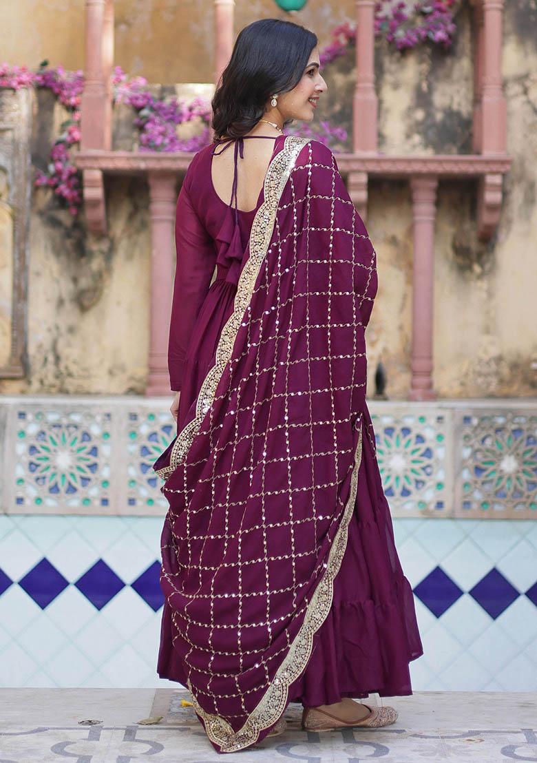 Purple Embroidered Georgette Anarkali Set