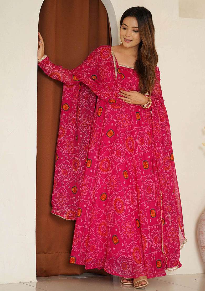 Pink Bandhani Print Georgette Kurta Set - Indya