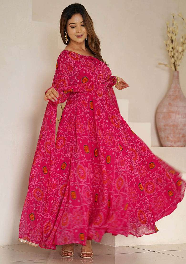 Pink Bandhani Print Georgette Kurta Set - Indya