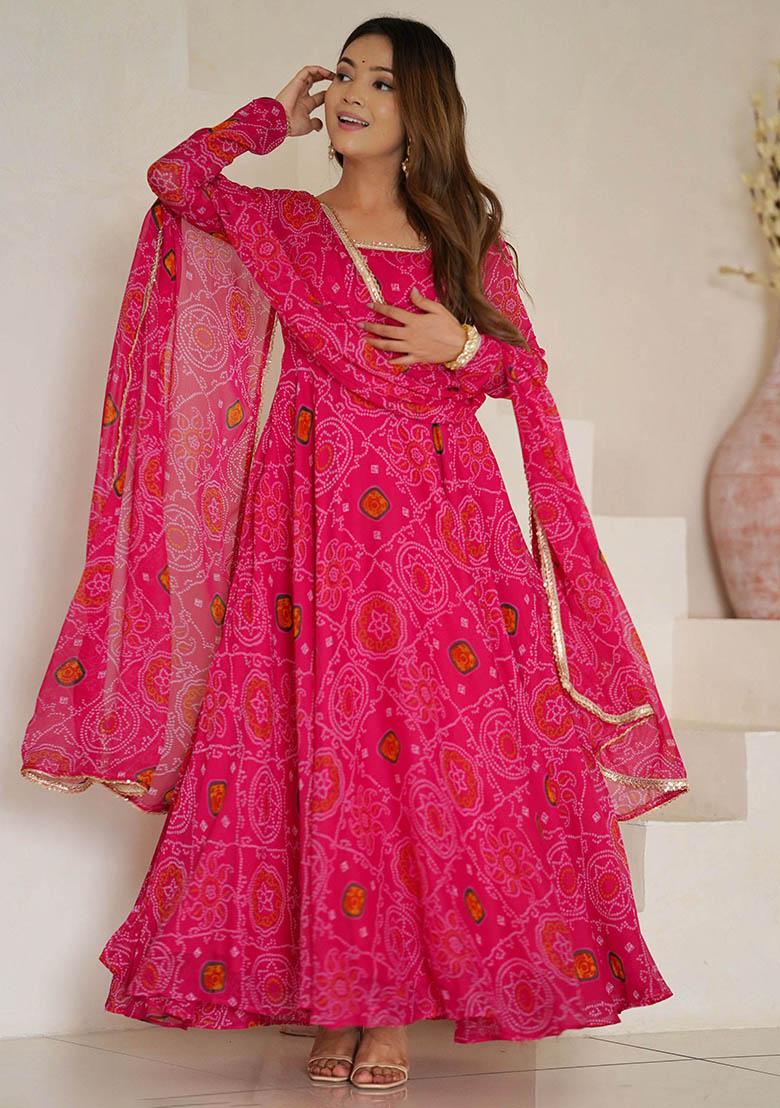 Pink Bandhani Print Georgette Kurta Set