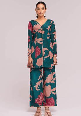 Blue Digital Print Crepe Fusion Set