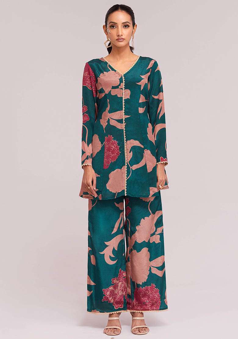 Blue Digital Print Crepe Fusion Set - Indya