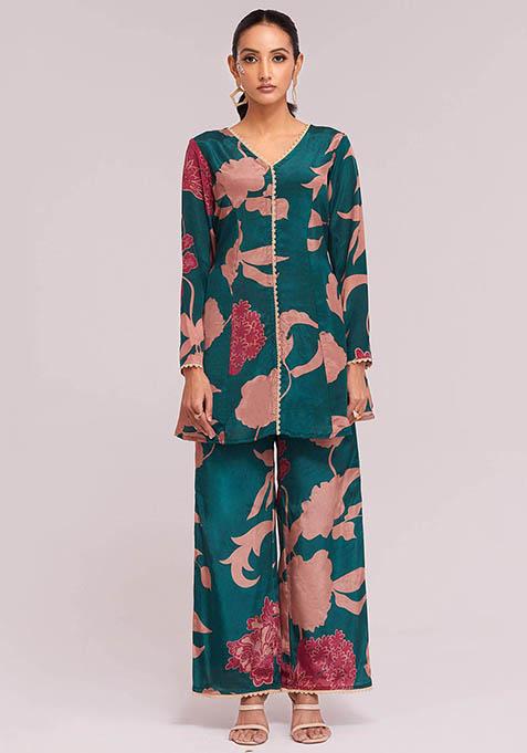 Blue Digital Print Crepe Fusion Set