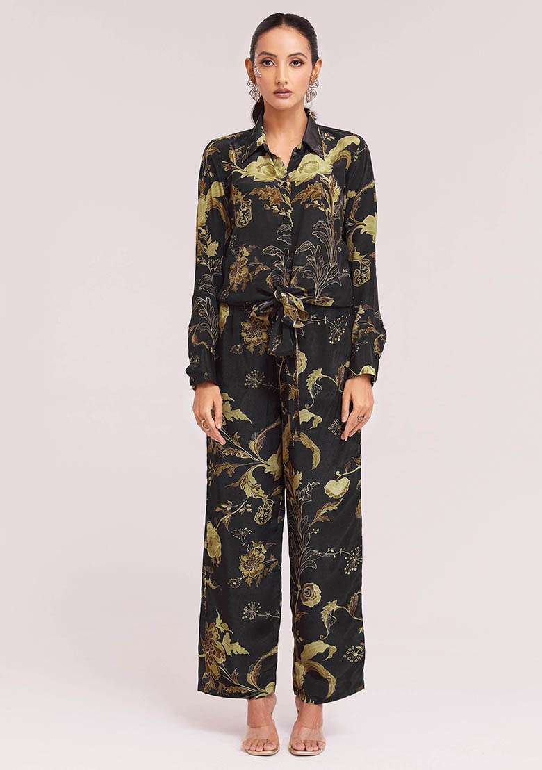 Black Digital Print Crepe Fusion Set - Indya