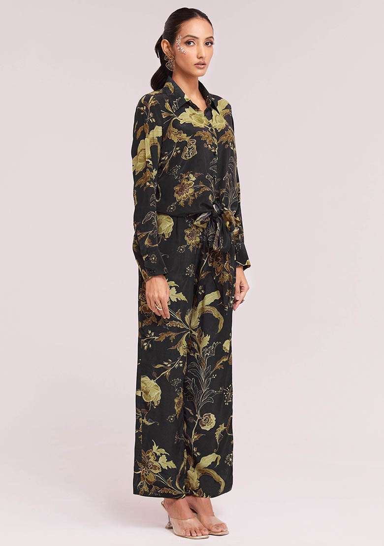 Black Digital Print Crepe Fusion Set - Indya