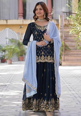 Blue Sequin Embroidered Georgette Kurta Set