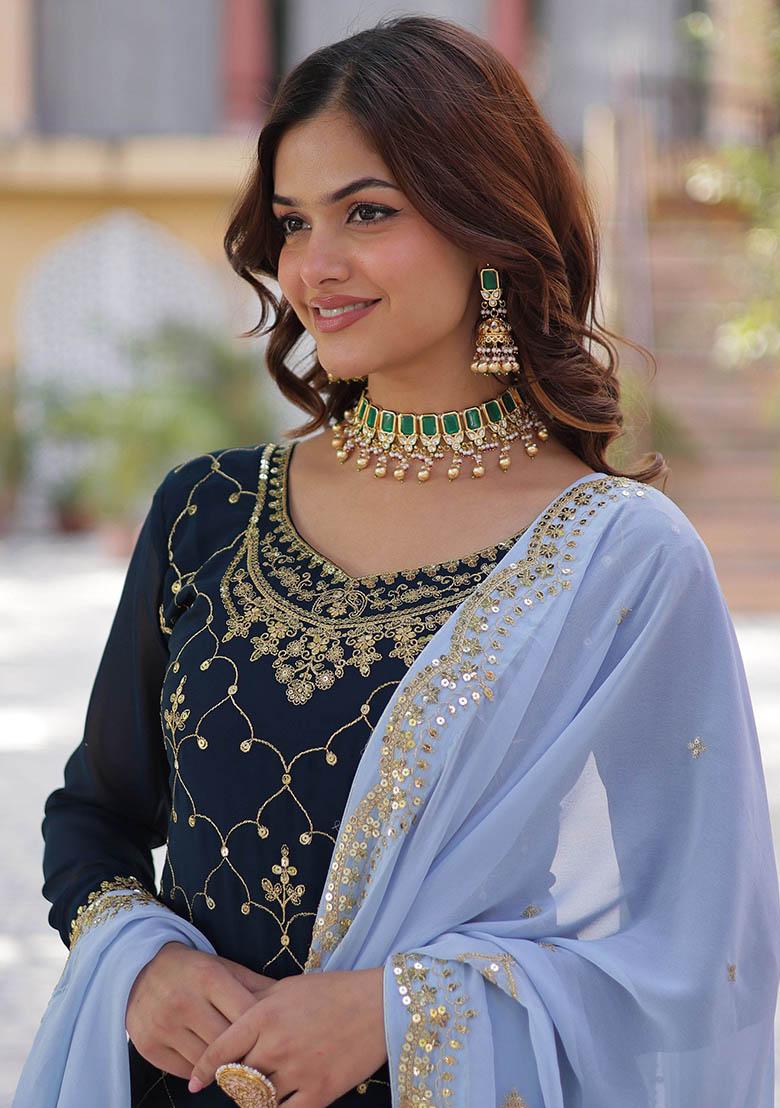 Blue Sequin Embroidered Georgette Kurta Set