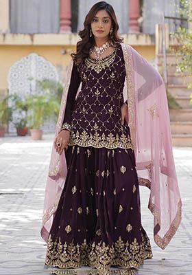 Wine Sequin Embroidered Georgette Kurta Set