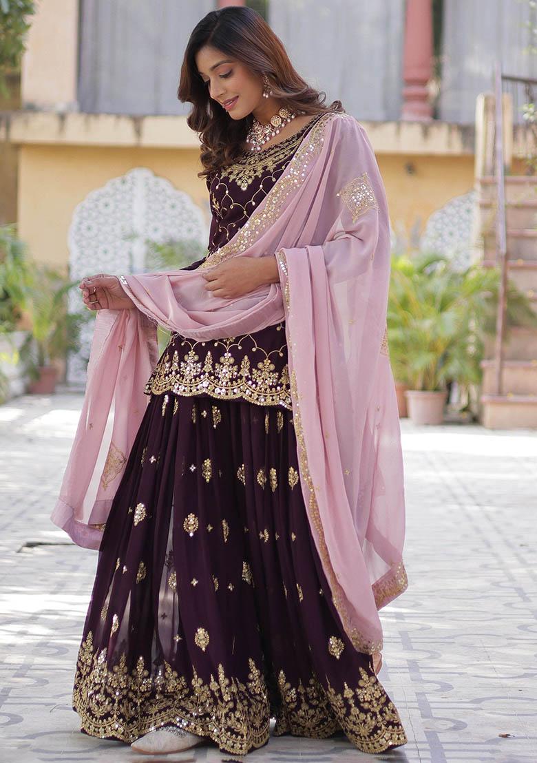 Wine Sequin Embroidered Georgette Kurta Set