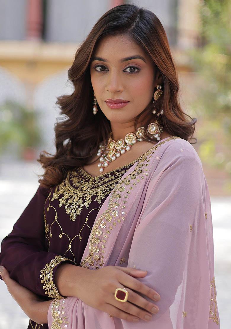 Wine Sequin Embroidered Georgette Kurta Set