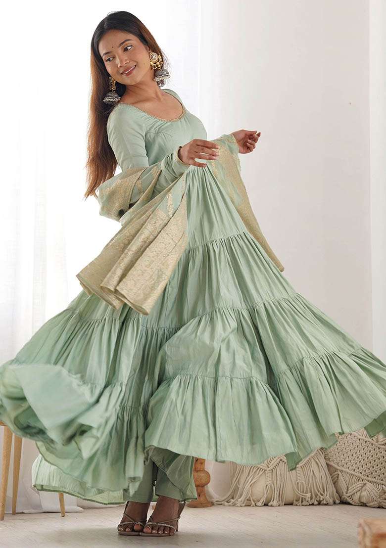 Green Embroidered Banarasi Silk  Anarkali With Dupatta - Indya