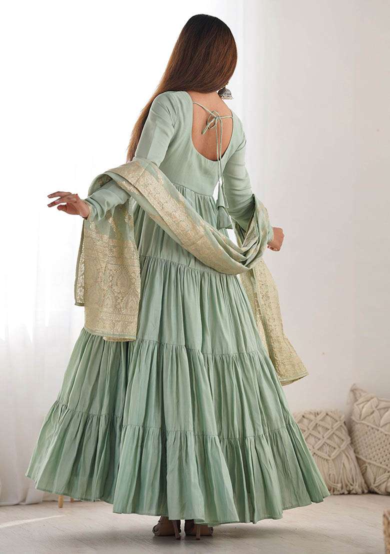 Green Embroidered Banarasi Silk  Anarkali With Dupatta - Indya