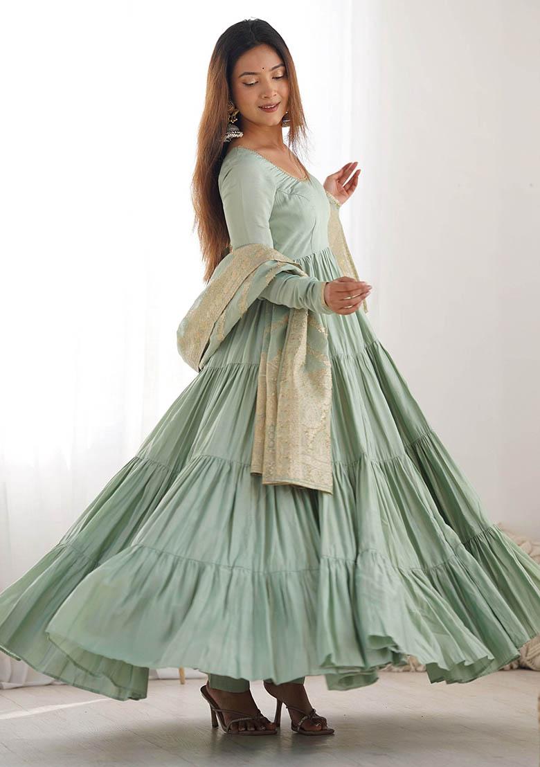 Green Embroidered Banarasi Silk  Anarkali Set
