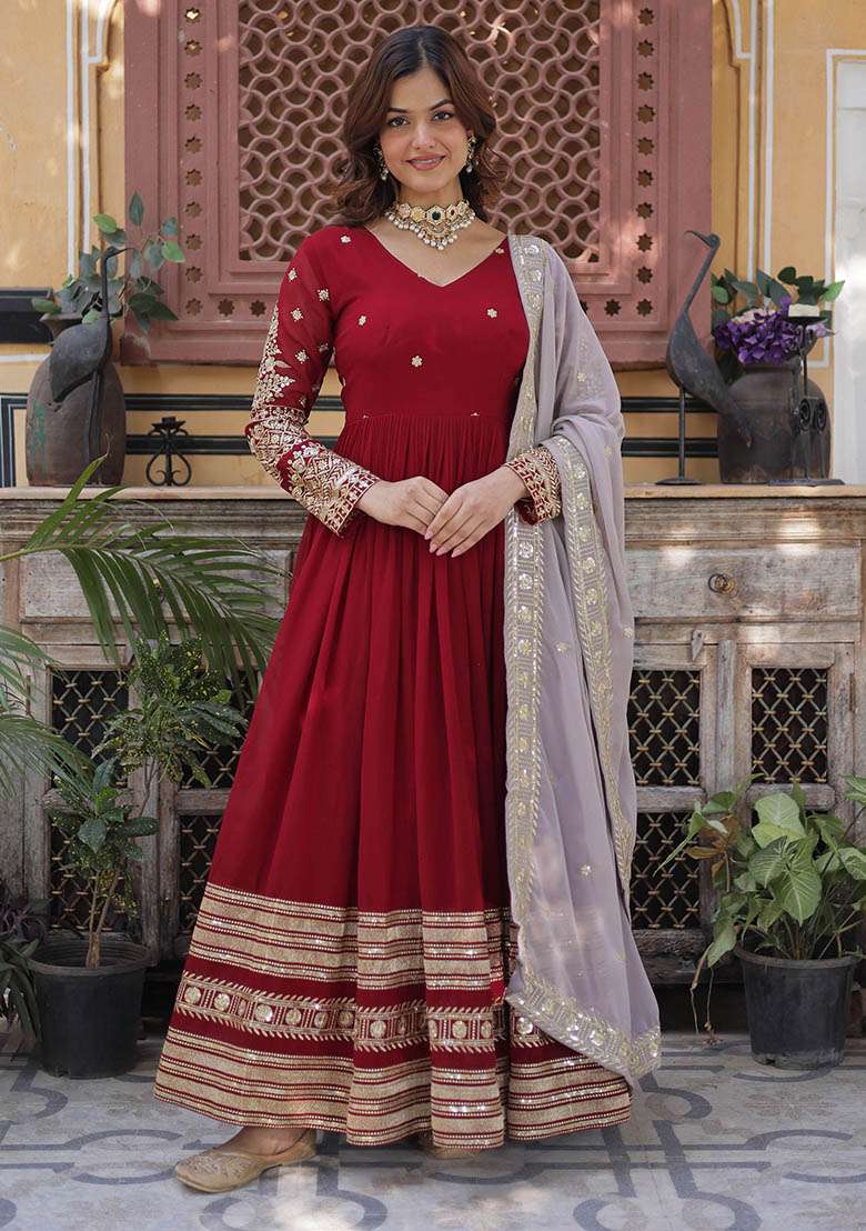 Red Embroidered Georgette Anarkali With Dupatta - Indya