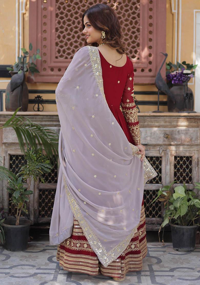 Red Embroidered Georgette Anarkali Set