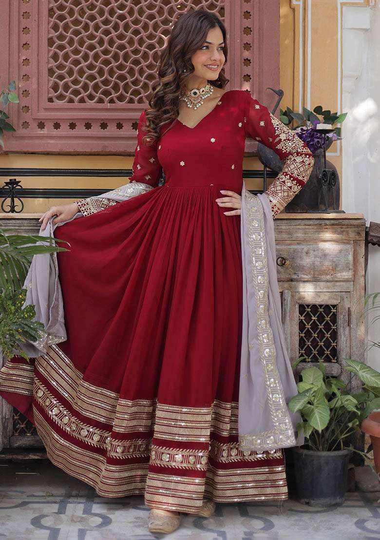 Red Embroidered Georgette Anarkali With Dupatta - Indya