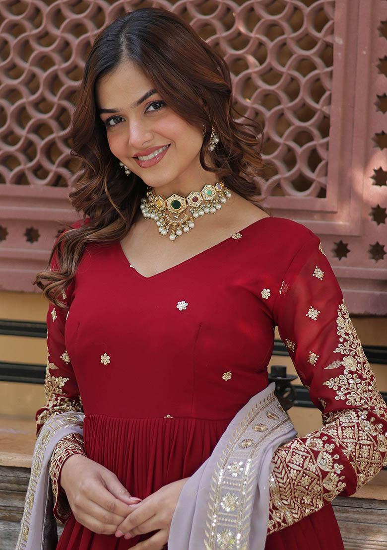 Red Embroidered Georgette Anarkali Set