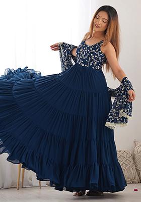 Blue Embroidered Georgette Anarkali Set