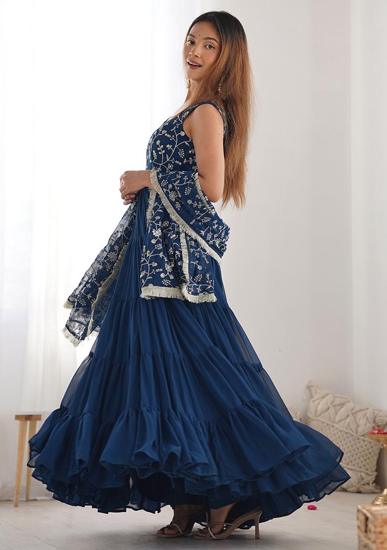 Blue Embroidered Georgette Anarkali Set