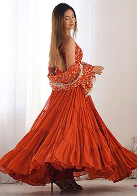 Orange Embroidered Georgette Anarkali Set