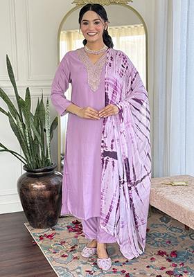 Lavender Embroidered Viscose Kurta Set