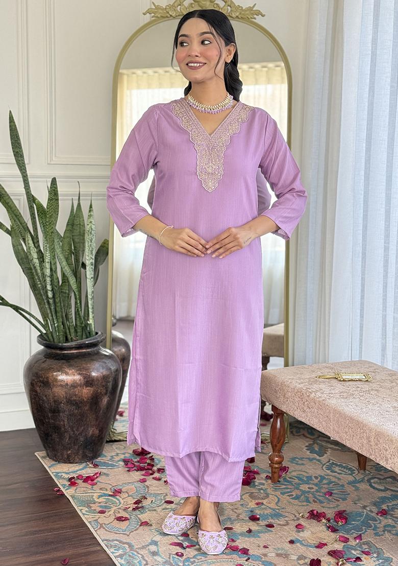 Lavender Embroidered Viscose Kurta Set