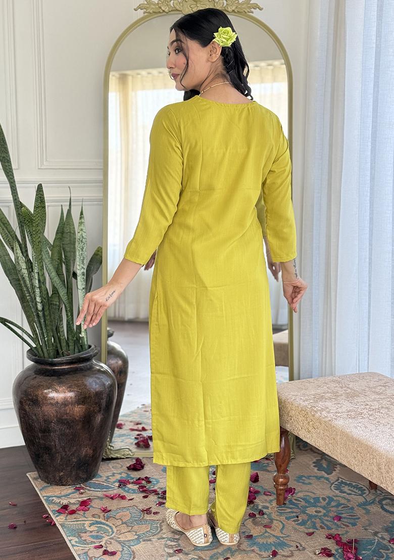 Yellow Embroidered Viscose Kurta Set