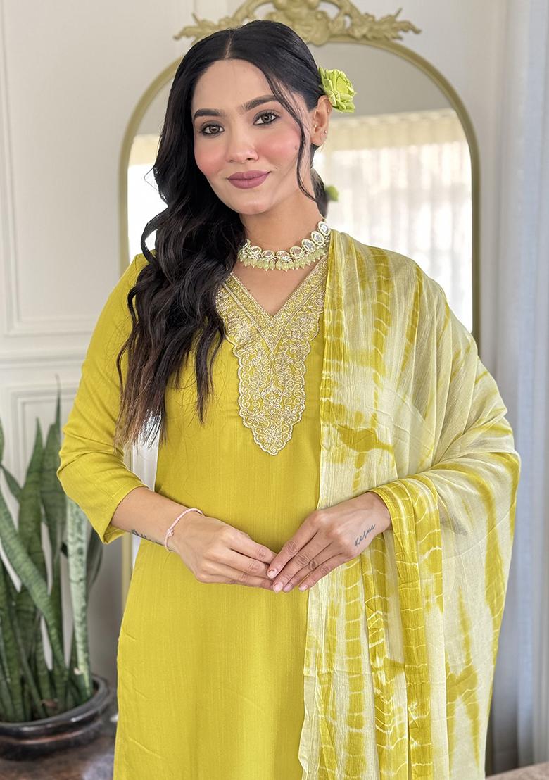 Yellow Embroidered Viscose Kurta Set