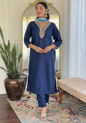 Navy Blue Embroidered Viscose Kurta Set