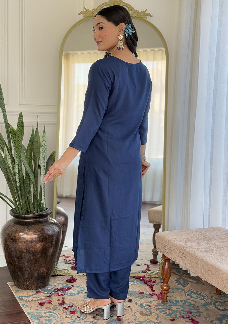 Navy Blue Embroidered Viscose Kurta Set