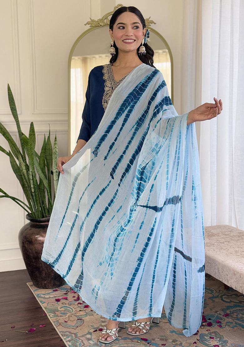 Navy Blue Embroidered Viscose Kurta Set