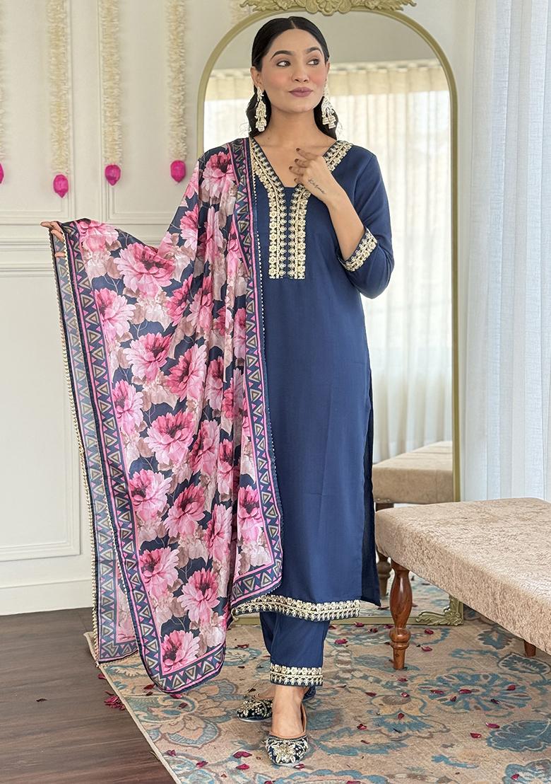 Navy Blue Embroidered Viscose Kurta Set