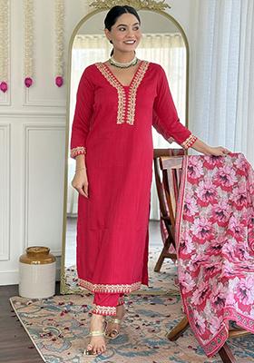 Pink Embroidered Viscose Kurta Set