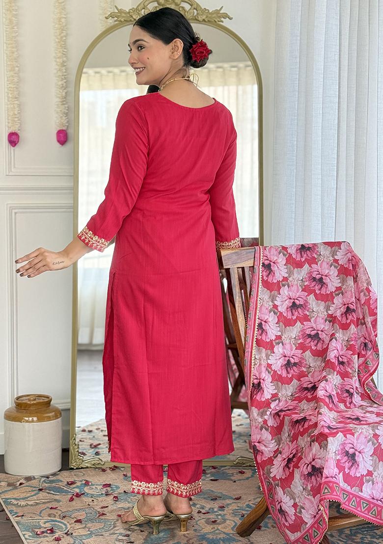 Pink Embroidered Viscose Kurta Set